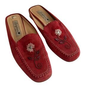 Brighton Women's Melani Red Suede Leather Beaded Slip On Mule Shoes Size 8